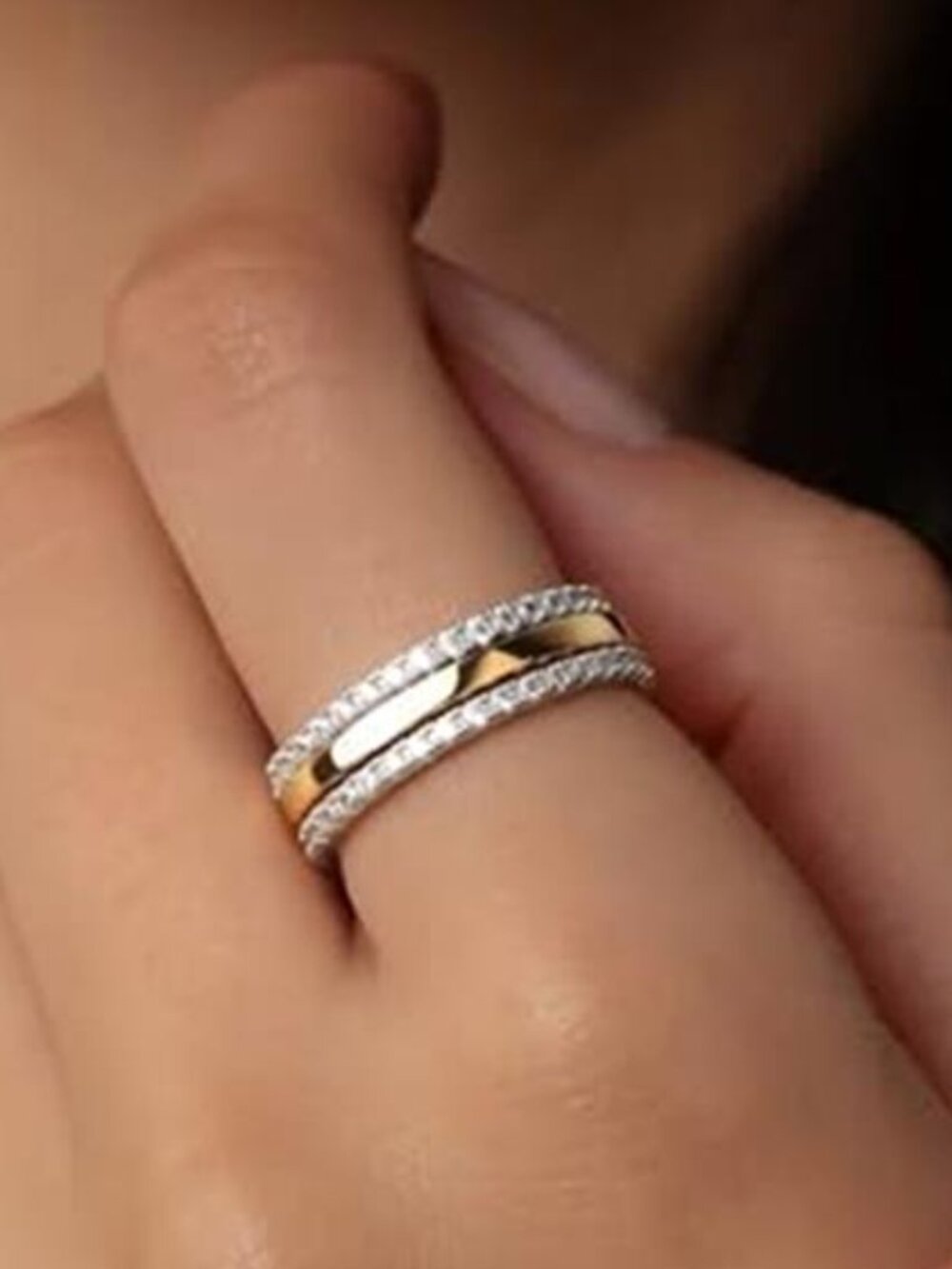 3 Pc Two Tone Stackable Ring Set 14K Gold Plated CZ Eternity Bands Rhinestone